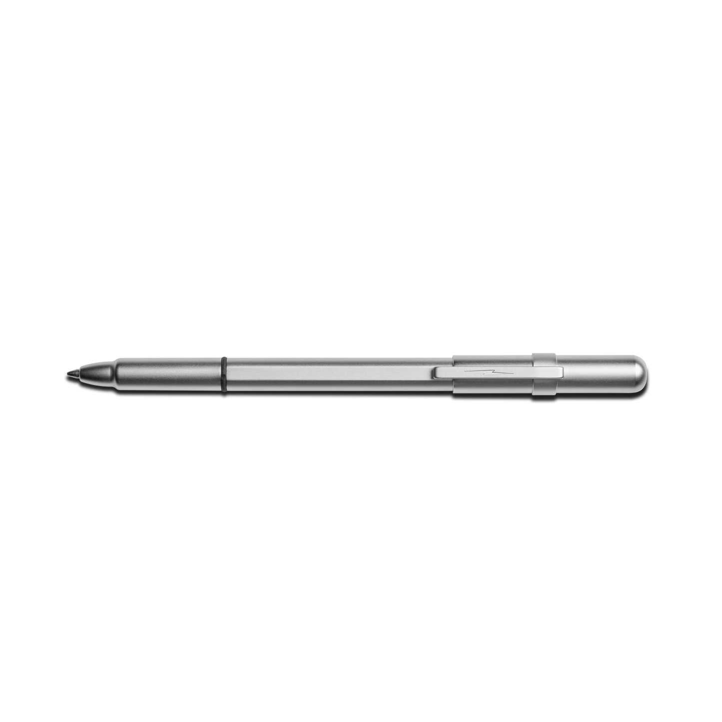 The Shinola Stainless Steel Studio Pen - Matte Silver features a black tip and is shown horizontally on a plain white background.