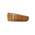 The Shinola 1 1/2" Canfield Belt in Bourbon is crafted from Italian Vachetta leather, showcasing a tan finish and silver rectangular buckle, neatly rolled and set against a plain white background.