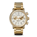 The Shinola Runwell Chronograph Watch - Ivory features a gold-tone case, ivory dial with gold markers and hands, two subdials, a date window at 6 o’clock, and a gold stainless steel bracelet, shown on a plain white background.