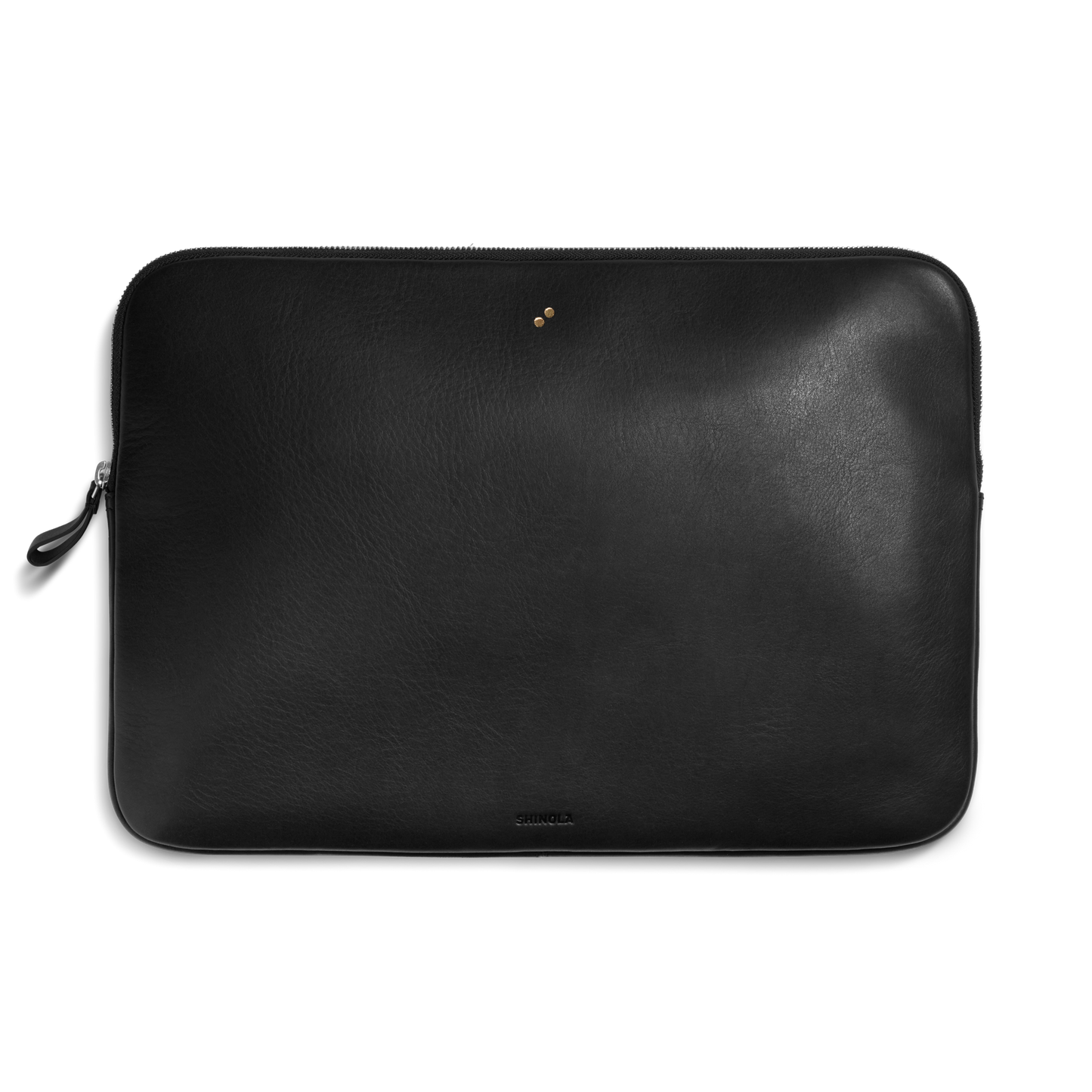 The Shinola Laptop Tech Case - Dominos is a black leather sleeve with a minimal design, featuring a small embossed logo and two gold dots near the top, shown on a plain white background—a sleek way to organize your devices.