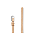 Two Shinola 8mm Natural Leather Watch Straps are shown vertically on a plain white background. Both feature visible stitching and multiple adjustment holes; one includes a silver buckle. Compatible with the Gomelsky Classic 36mm and Birdy 34mm.