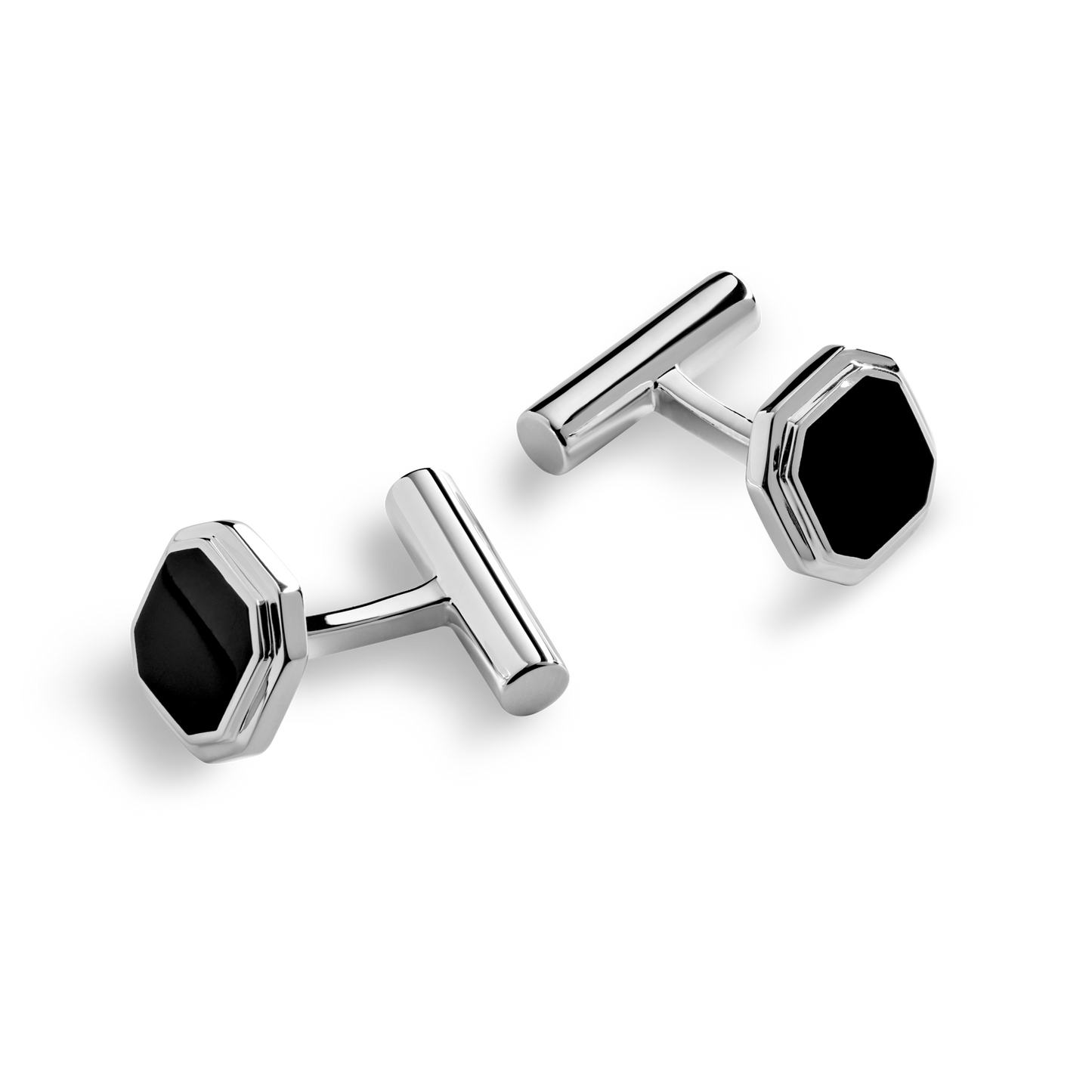 Shinola’s Octagonal Onyx Inlay Cufflinks feature black onyx set in sterling silver, shown against a white background—a refined accessory for any modern men’s jewelry collection.