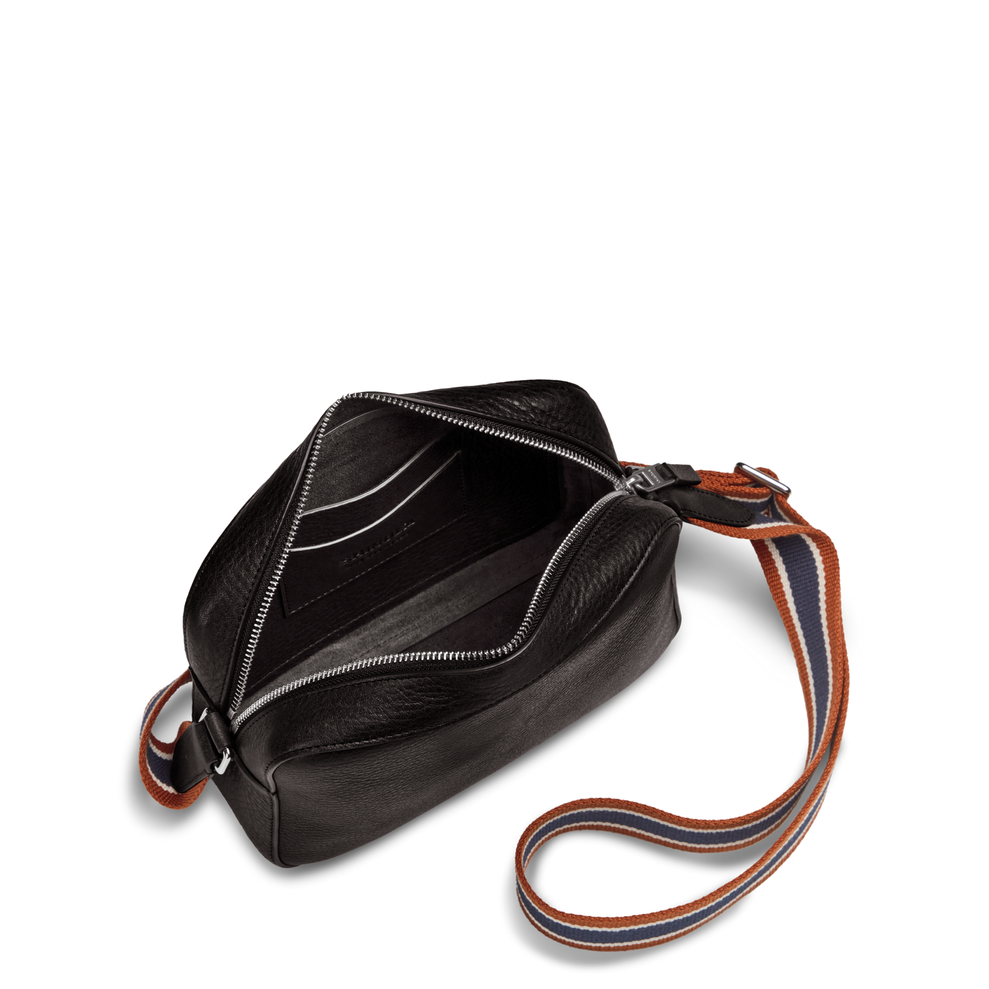 The Shinola Camera Crossbody Bag - Black features black leather, a silver zipper, and an adjustable brown, gray, and white woven strap. Its open top reveals card slots and a roomy compartment—ideal for everyday use.
