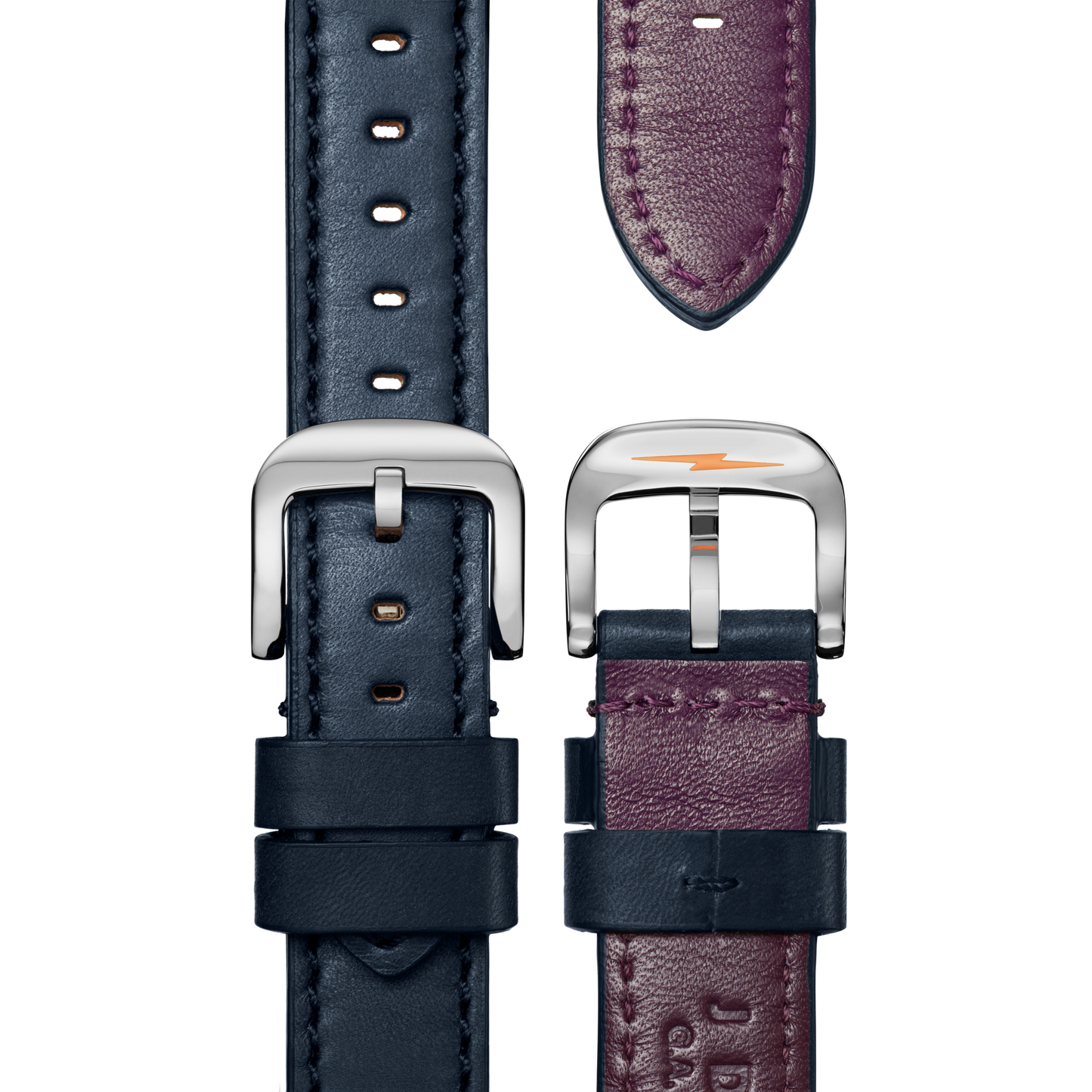 Close-up of two Shinola watch straps—one dark blue leather with a silver buckle and one burgundy leather with a silver buckle featuring a gold lightning bolt—ideal for pairing with your J Dilla Runwell Chronograph Watch - Midnight Blue.