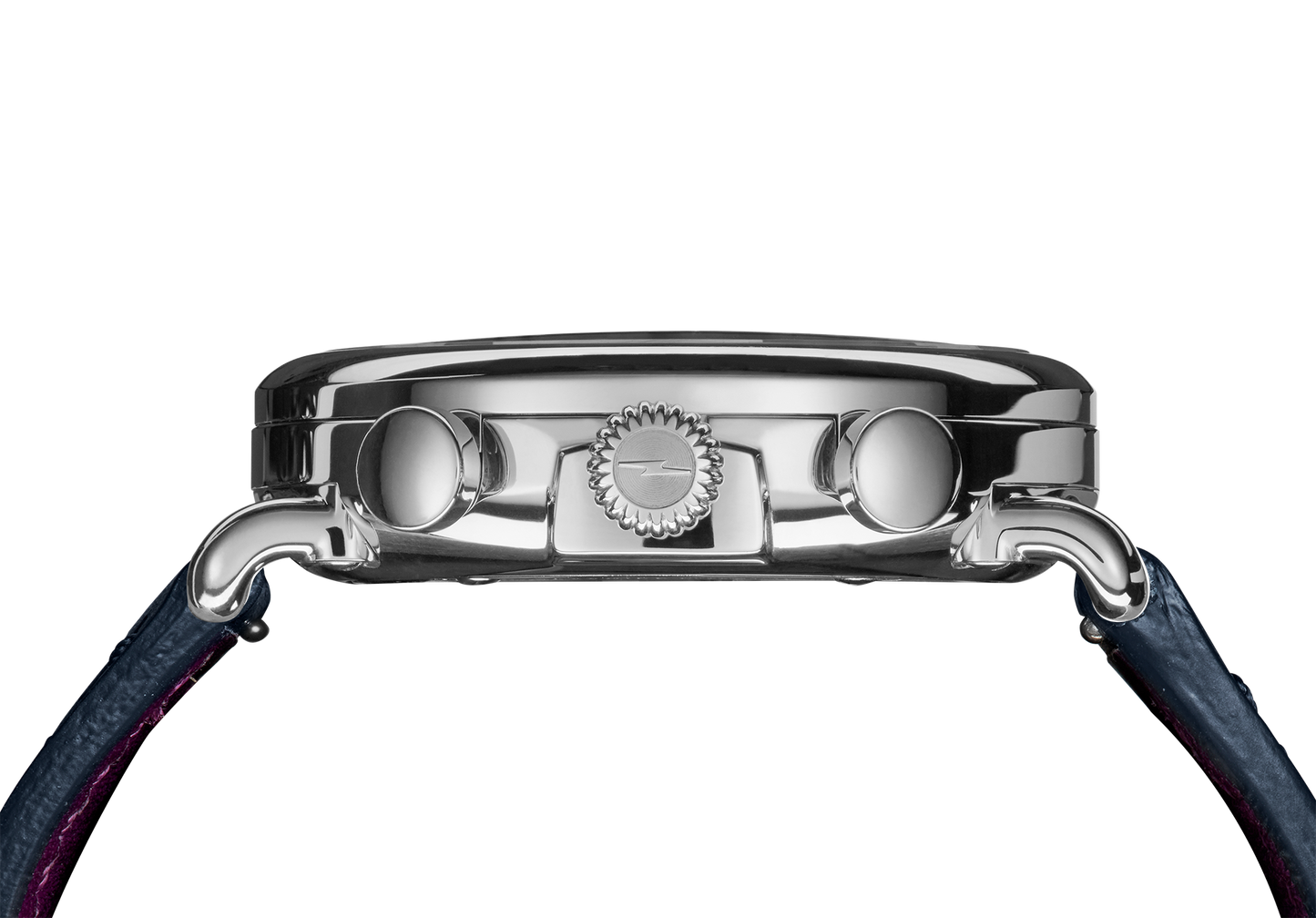 Side view of the Shinola J Dilla Runwell Chronograph Watch - Midnight Blue, featuring a round crown, two push buttons, and a dark leather strap set against a white background.