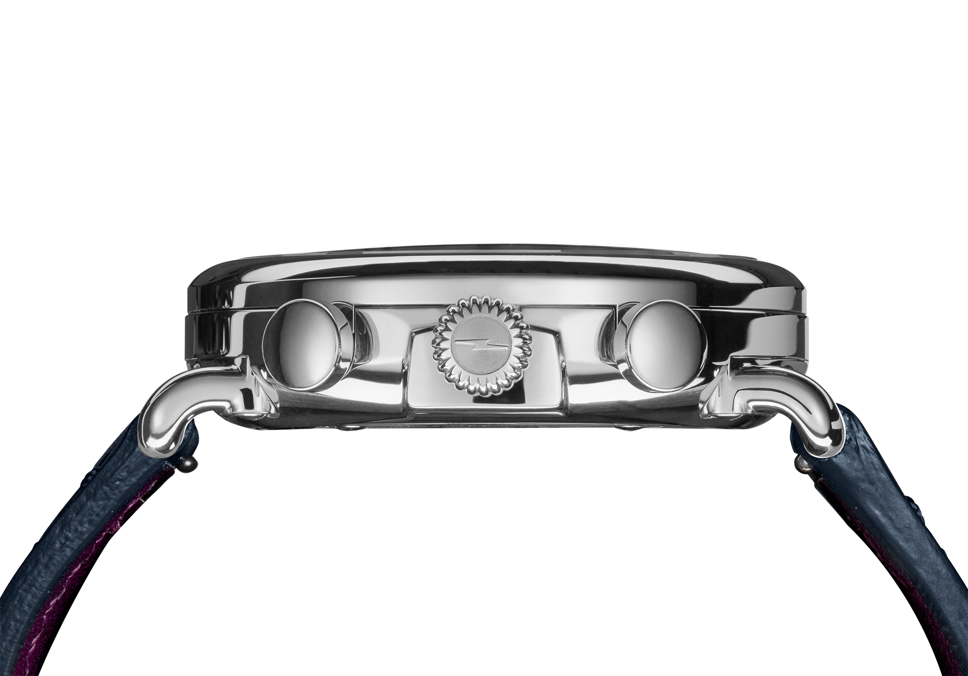 Side view of the Shinola J Dilla Runwell Chronograph Watch - Midnight Blue, featuring a round crown, two push buttons, and a dark leather strap set against a white background.