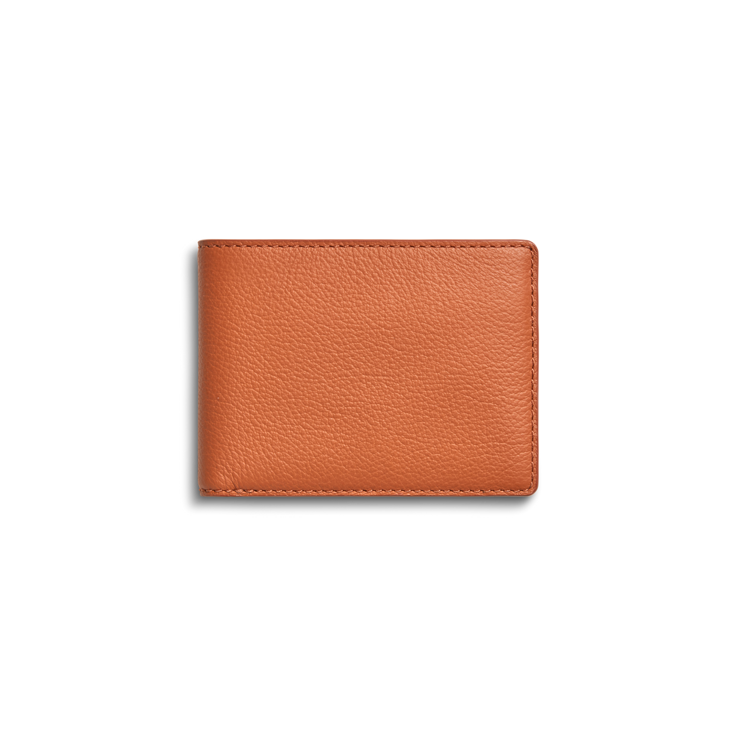 The Shinola Canfield ID Bifold in Rust, featuring a brown pebbled leather texture, is shown closed against a plain white background.