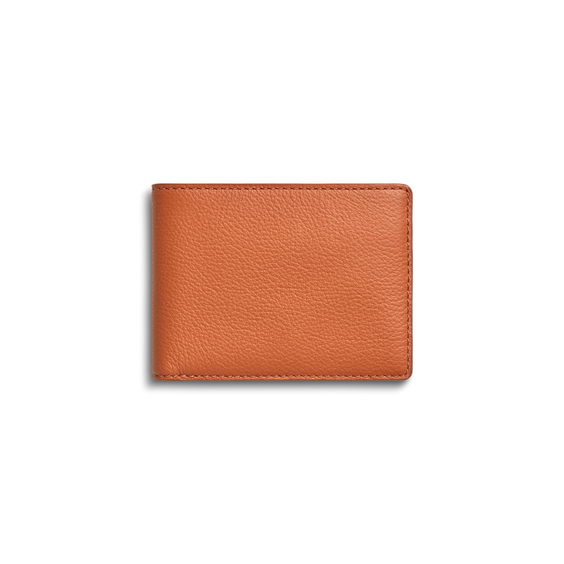 The Shinola Canfield ID Bifold in Rust, featuring a brown pebbled leather texture, is shown closed against a plain white background.