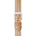 A close-up of the Shinola 24mm Natural Leather Watch Strap in Natural, featuring white stitching, a silver buckle, adjustable holes, and visible quick release spring bars.