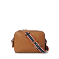 The Camera Crossbody Bag - Tan by Shinola features tan leather, a rectangular shape, silver hardware, a front flap, and an adjustable strap with orange, navy, and white stripes; "Shinola" is stamped near the bottom.
