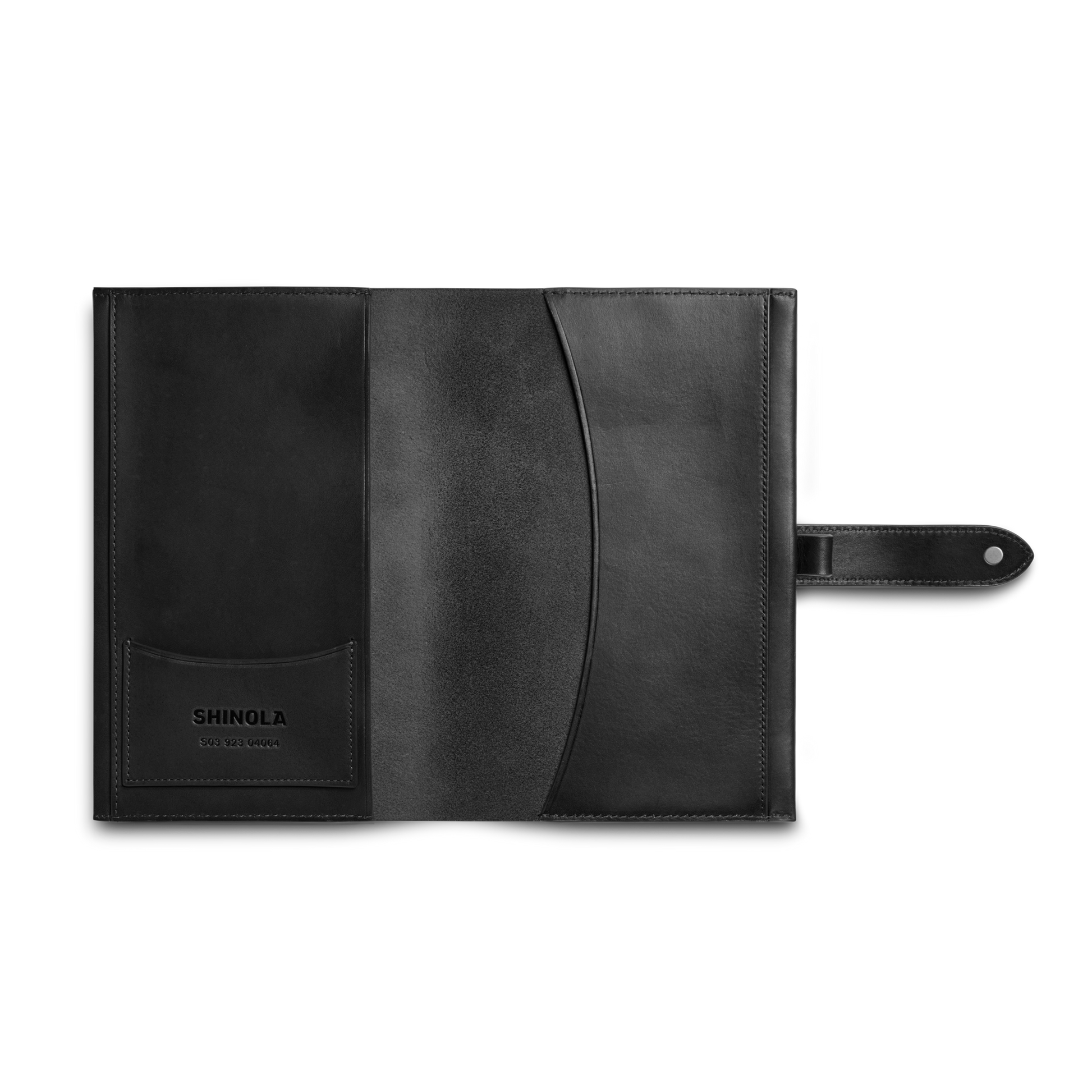 The Shinola Medium Snap Journal Cover in Black Vachetta features premium Italian leather, multiple pockets, a snap closure, and an embossed logo—ideal as an iPad Mini case or personalized journal cover.