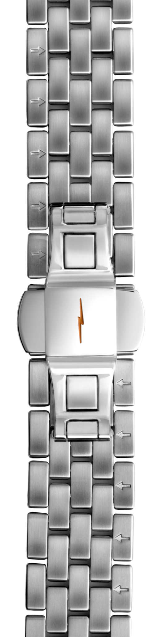 A close-up of the Shinola 24mm Stainless Steel 5-Link Bracelet shows its silver links and clasp with an orange lightning bolt, offering a polished, customizable look that stands out among stainless steel watch bands.