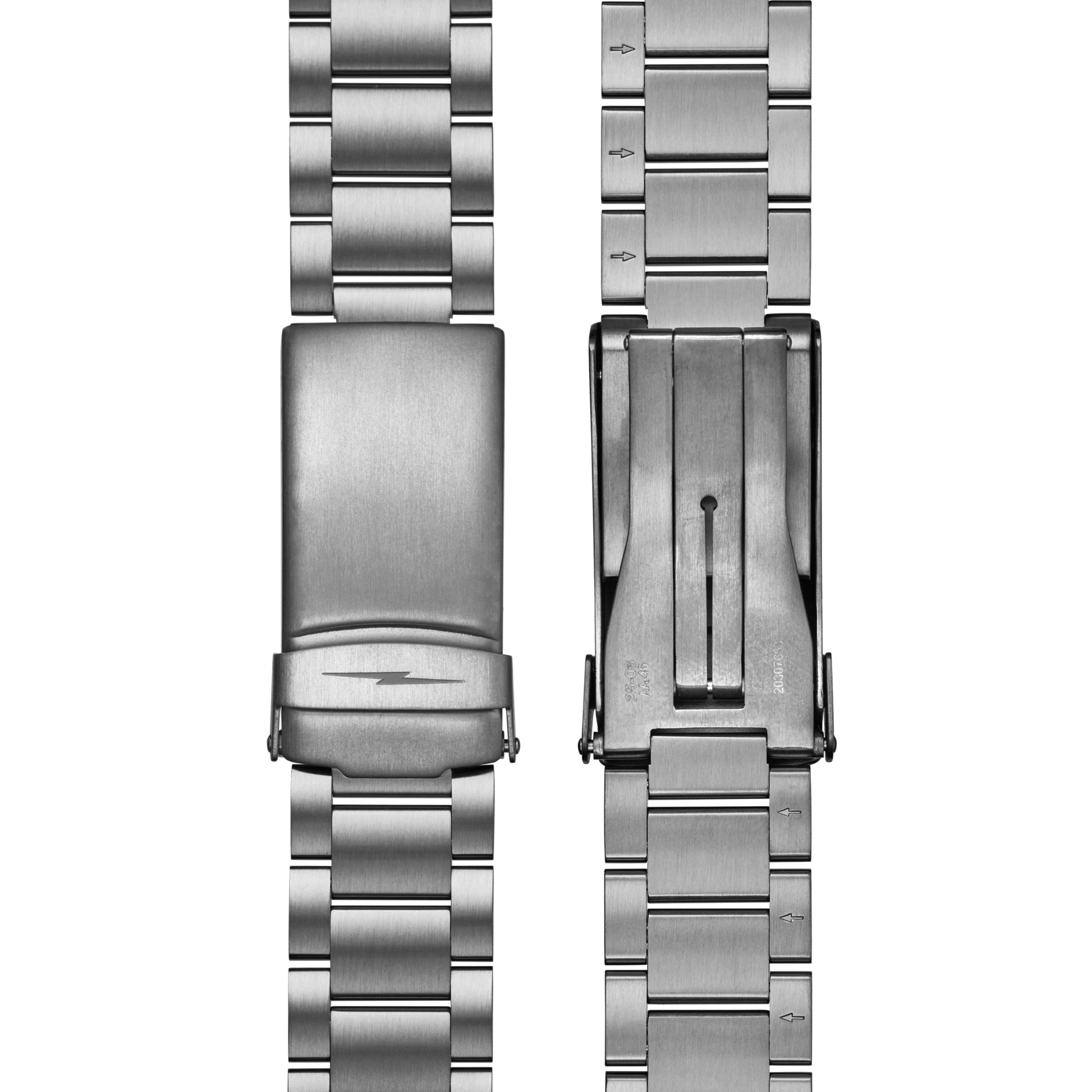 Two stainless steel watch bands are displayed side by side on a white background, showing the front and back of their clasps, perfectly complementing the Shinola Runwell Chronograph West Wind Watch Gift Set with Additional Strap - Black.