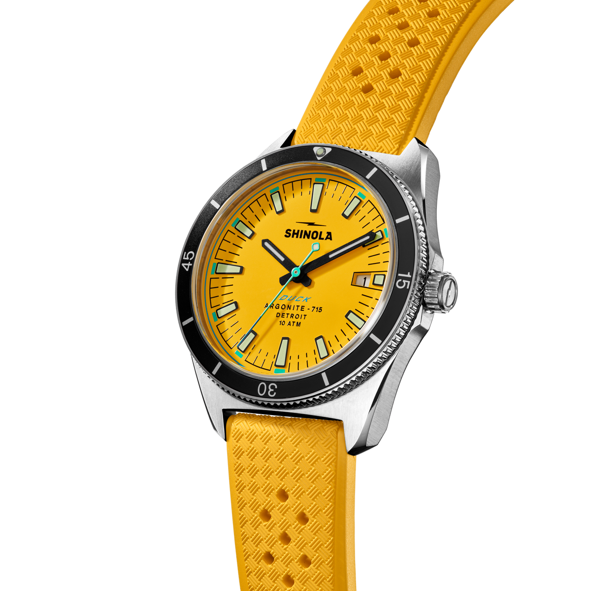 Shinola Duck Watch Canary, angled product photograph with yellow dial and rubber strap.