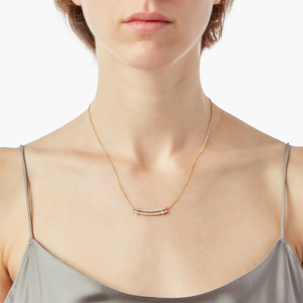 Diamond Pave Rivet Double Row Necklace - Yellow Gold