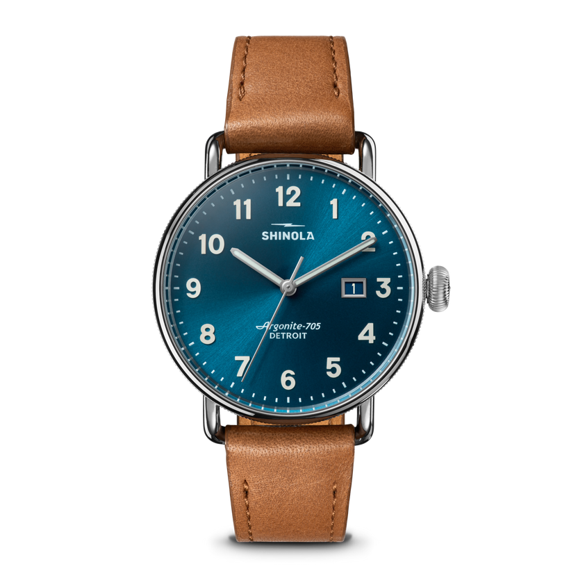 Shinola Canfield 38 Astro Blue on tan leather