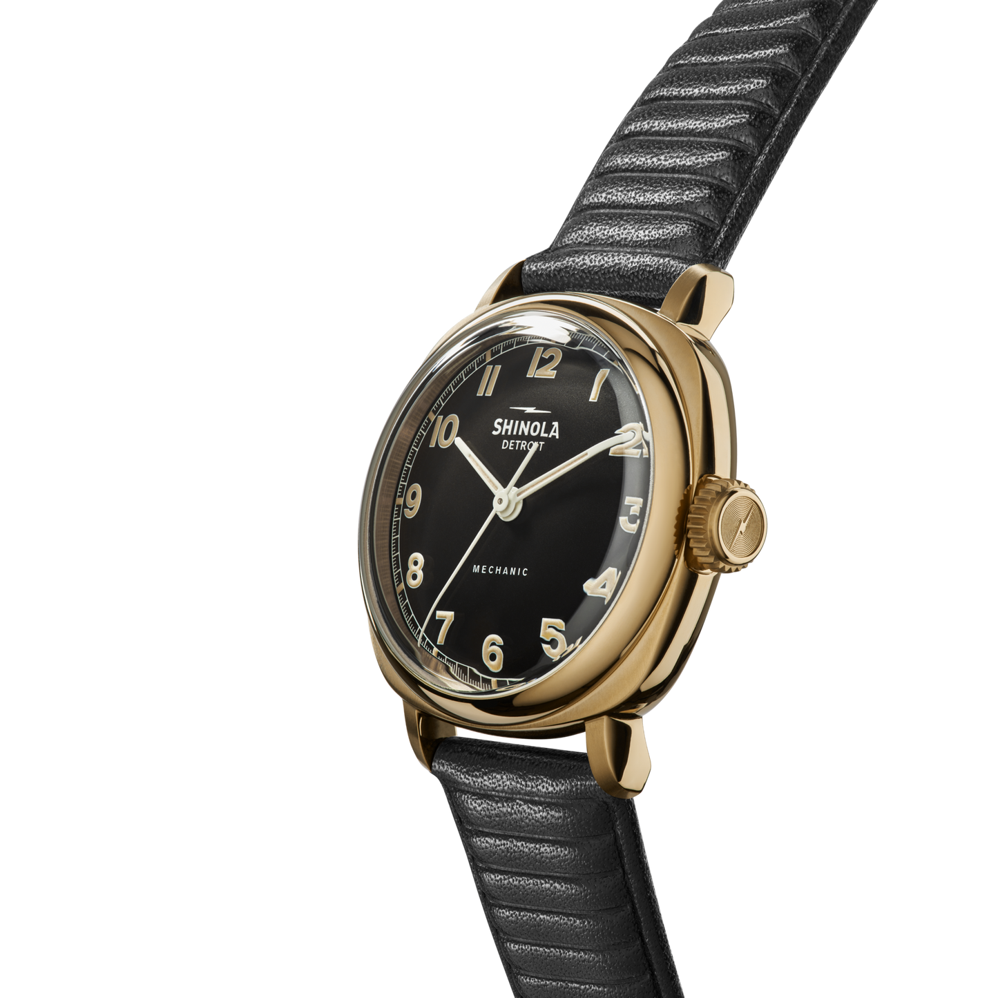 The Shinola Mechanic Watch - Dominos features a black leather strap, gold case, black dial with gold numerals, and the word MECHANIC on the face. This hand-wound timepiece is shown angled on a white background.