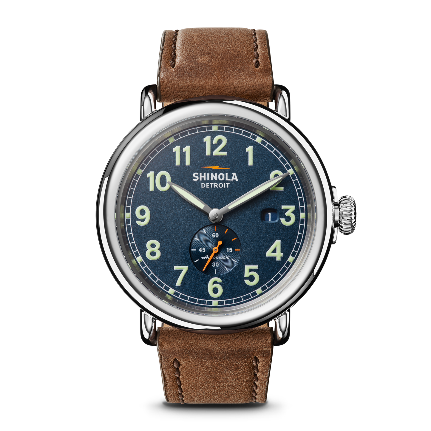 The Shinola J Dilla Runwell Automatic Watch - Midnight Blue features a blue face, bold luminous numbers, small seconds at 6 o’clock, a date at 3 o’clock, and a brown leather strap—a stylish piece honoring J Dilla’s legendary taste.