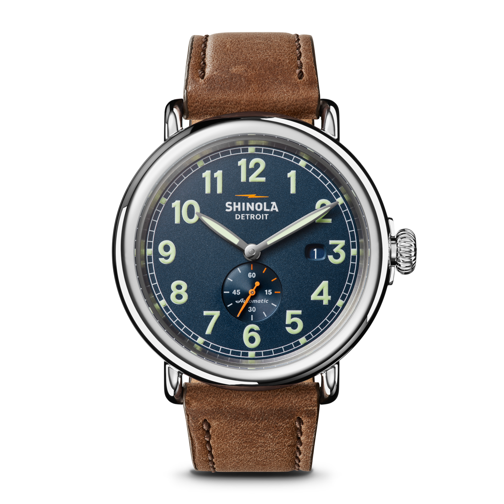 The Shinola J Dilla Runwell Automatic Watch - Midnight Blue features a blue face, bold luminous numbers, small seconds at 6 o’clock, a date at 3 o’clock, and a brown leather strap—a stylish piece honoring J Dilla’s legendary taste.