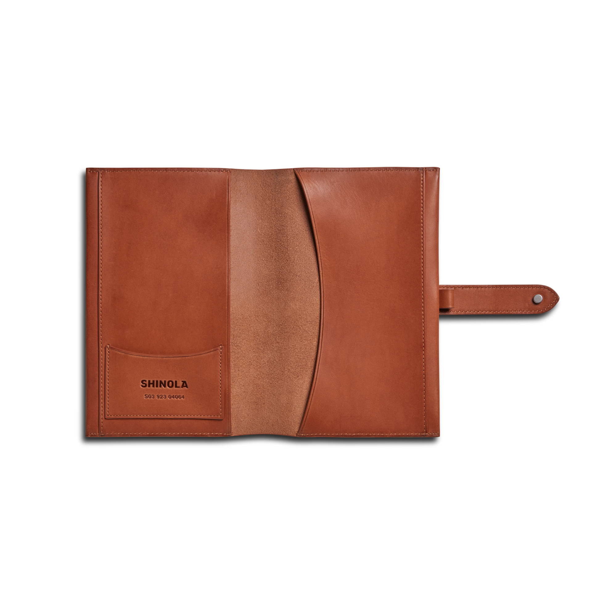 The Shinola Medium Snap Journal Cover in rust Italian leather features two inner pockets, a card slot labeled “Shinola,” and a snap-button strap on the right side, shown open against a white background.