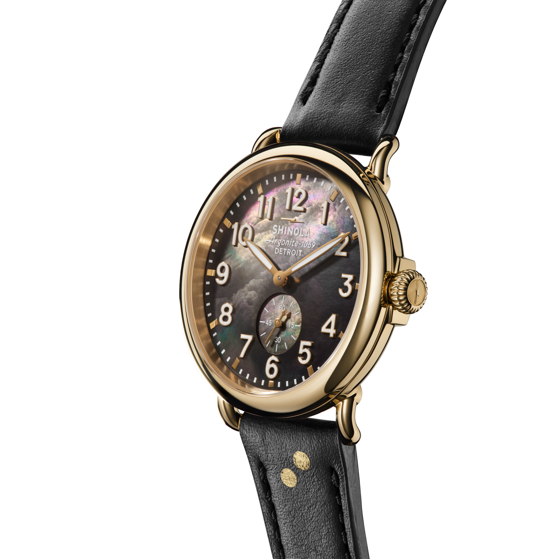 The Shinola 41mm Runwell MOP - Dominos features a gold finish, black mother of pearl dial with gold numerals, subdial above 6 o’clock, and black leather strap, shown angled on a white background.