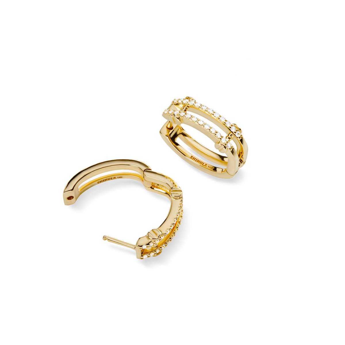Diamond Pave Rivet Double Row Hoop Earrings - Yellow Gold
