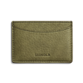 The Leather 3 Pocket Card Case by Shinola features olive green leather, visible stitching, and the Shinola name embossed on the front. It offers a curved top opening for easy access to your cards.