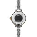 The back view of the Shinola Birdy Watch - Silver, featuring a silver mesh band, gold crown, and "Built in Detroit" engraved on the case back, shown against a white background.