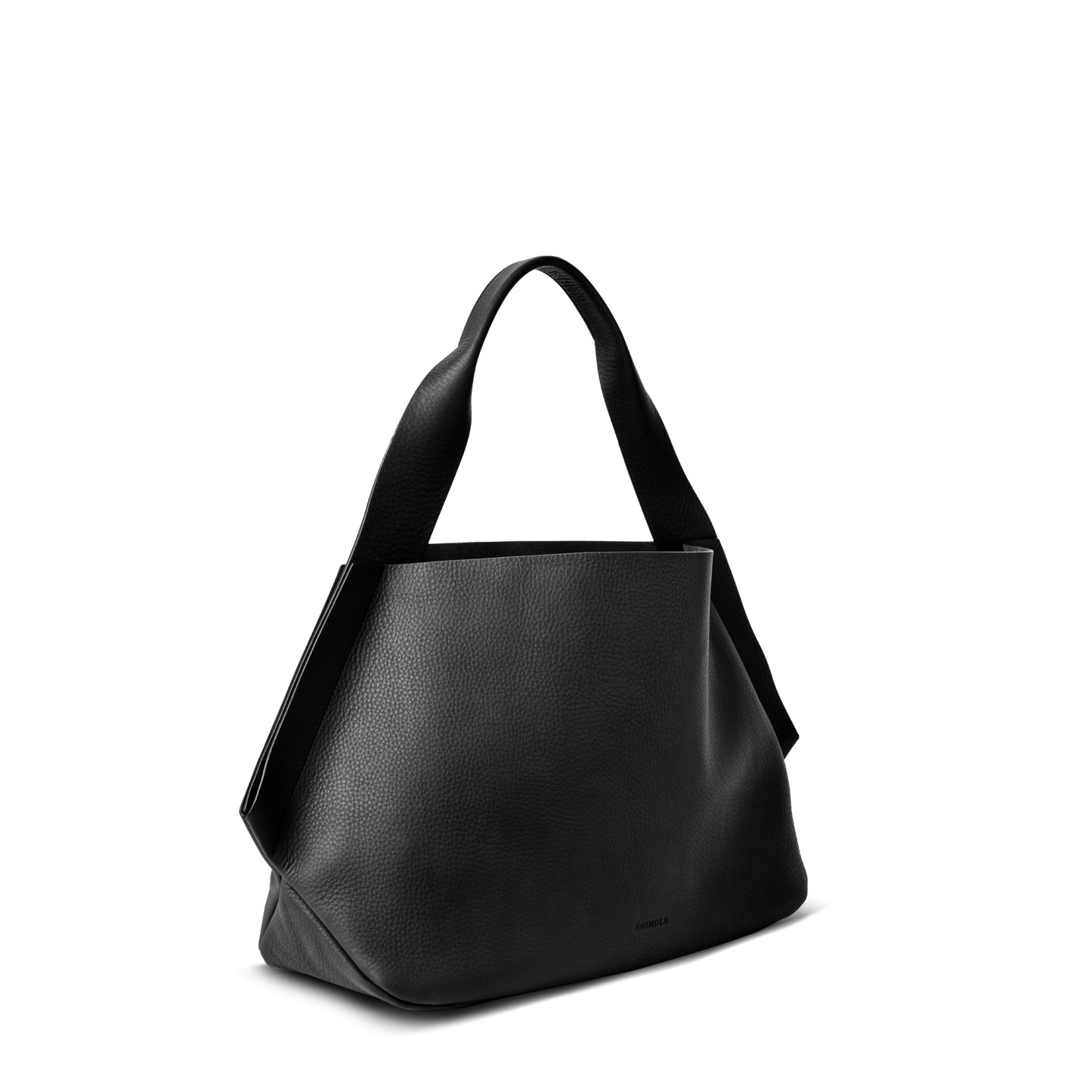 The Shinola Derby Shoulder Bag - Black features textured leather, wide shoulder straps, a spacious open compartment, and a leather card pocket—all presented against a plain white background for a minimalist look.