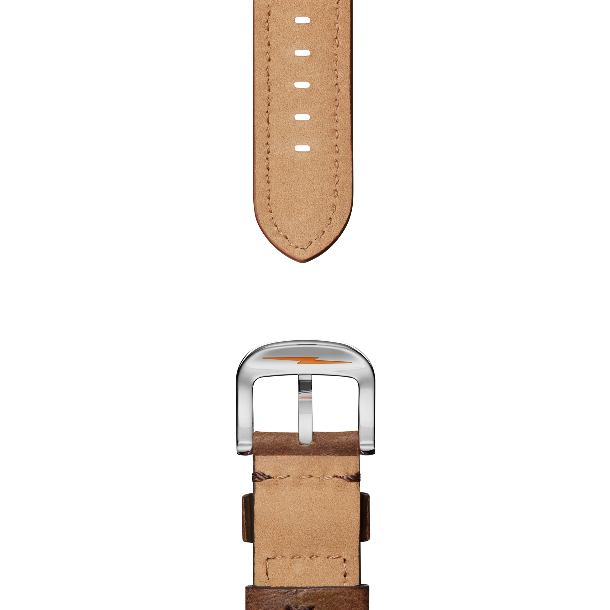 Close-up of the Shinola 20mm British Tan Leather Watch Strap (XL), shown in two parts on a white background, featuring visible stitching, quick release spring bars, a silver buckle, and multiple adjustment holes.