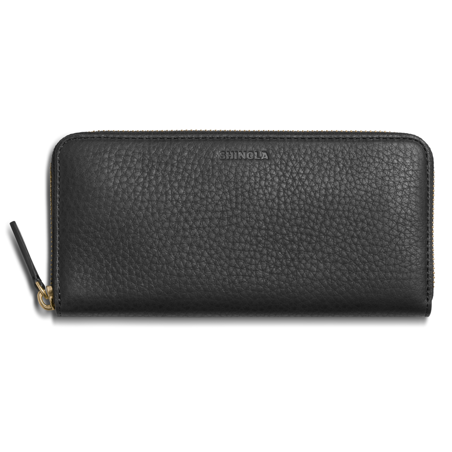 The Shinola Continental Zip Wallet - Black features natural grain leather with a textured finish, gold zipper, interior card pockets, and an embossed Shinola logo near the top center for a refined touch.