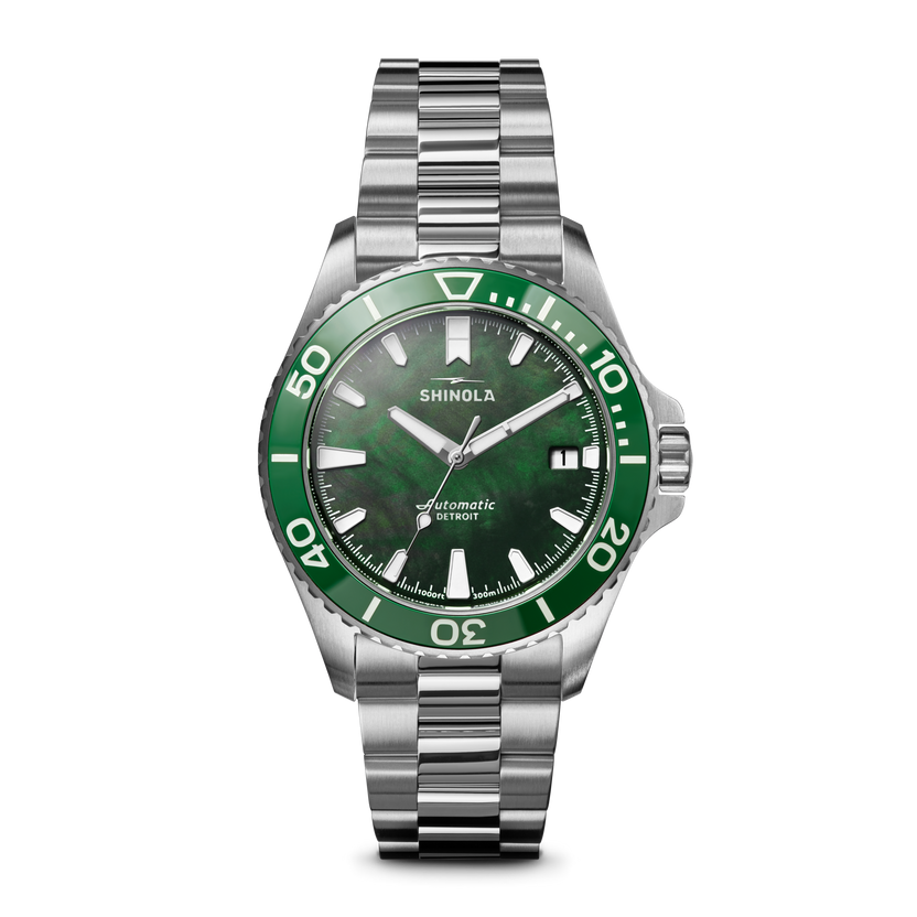 Shinola Lake Ontario Monster 39 with green mother-of-pearl dial
