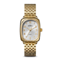 The Shinola Bixby Watch - Light Silver features a rectangular gold case, silver dial, gold hour markers, and a gold metal link band, shown on a plain white background.