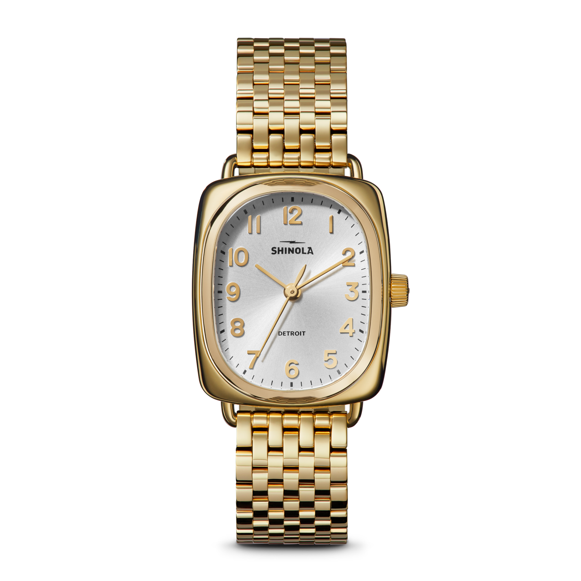 The Shinola Bixby Watch - Light Silver features a rectangular gold case, silver dial, gold hour markers, and a gold metal link band, shown on a plain white background.
