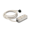 The Shinola 2 Port Power Supply - Stone is a modern power strip featuring two outlets, a USB port, convenient USB-C charging, and a durable long white-and-black braided cord with a round black plug.