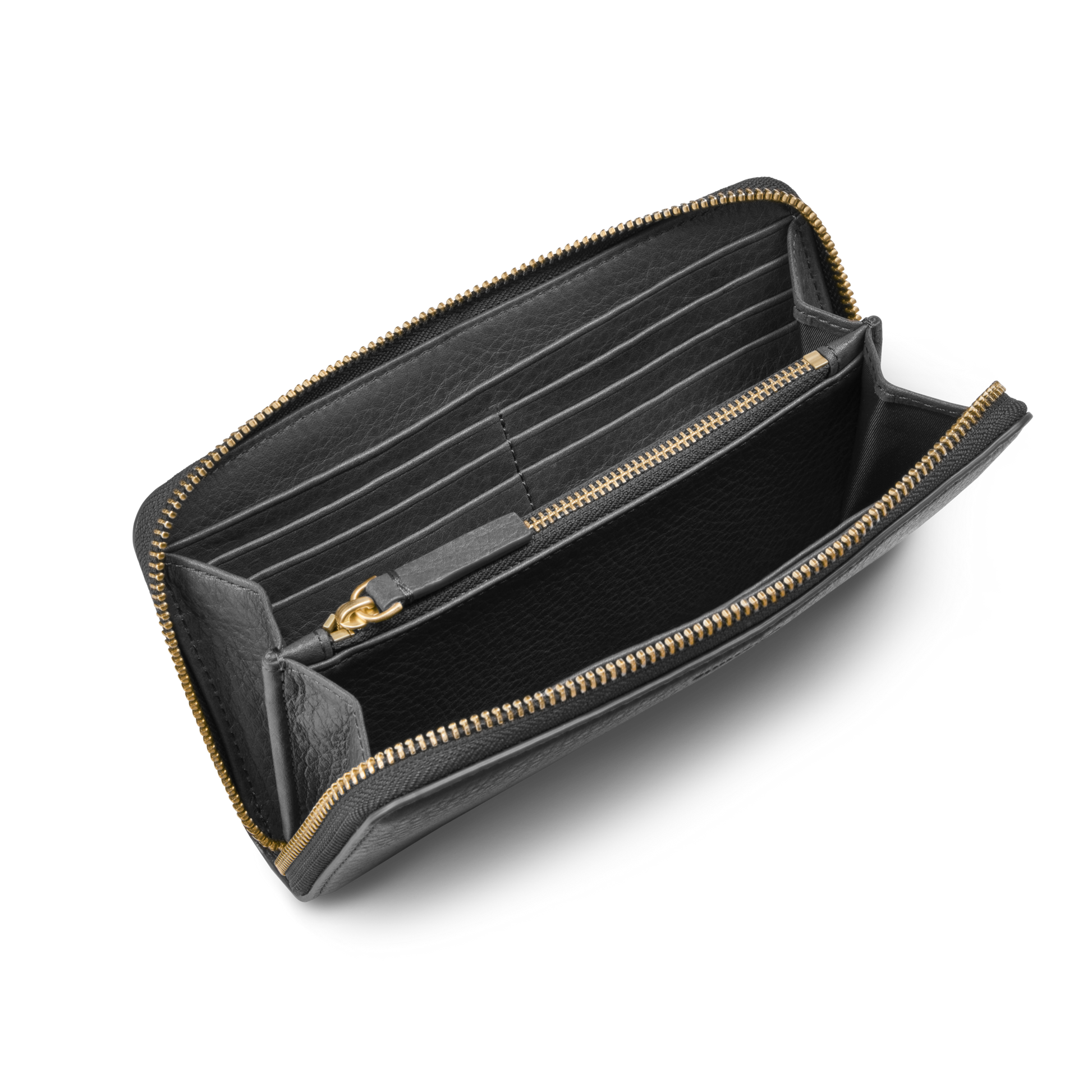 The Shinola Continental Zip Wallet - Black, made from natural grain leather, features a gold zipper, multiple card slots, and a central zip compartment; shown open against a white background.
