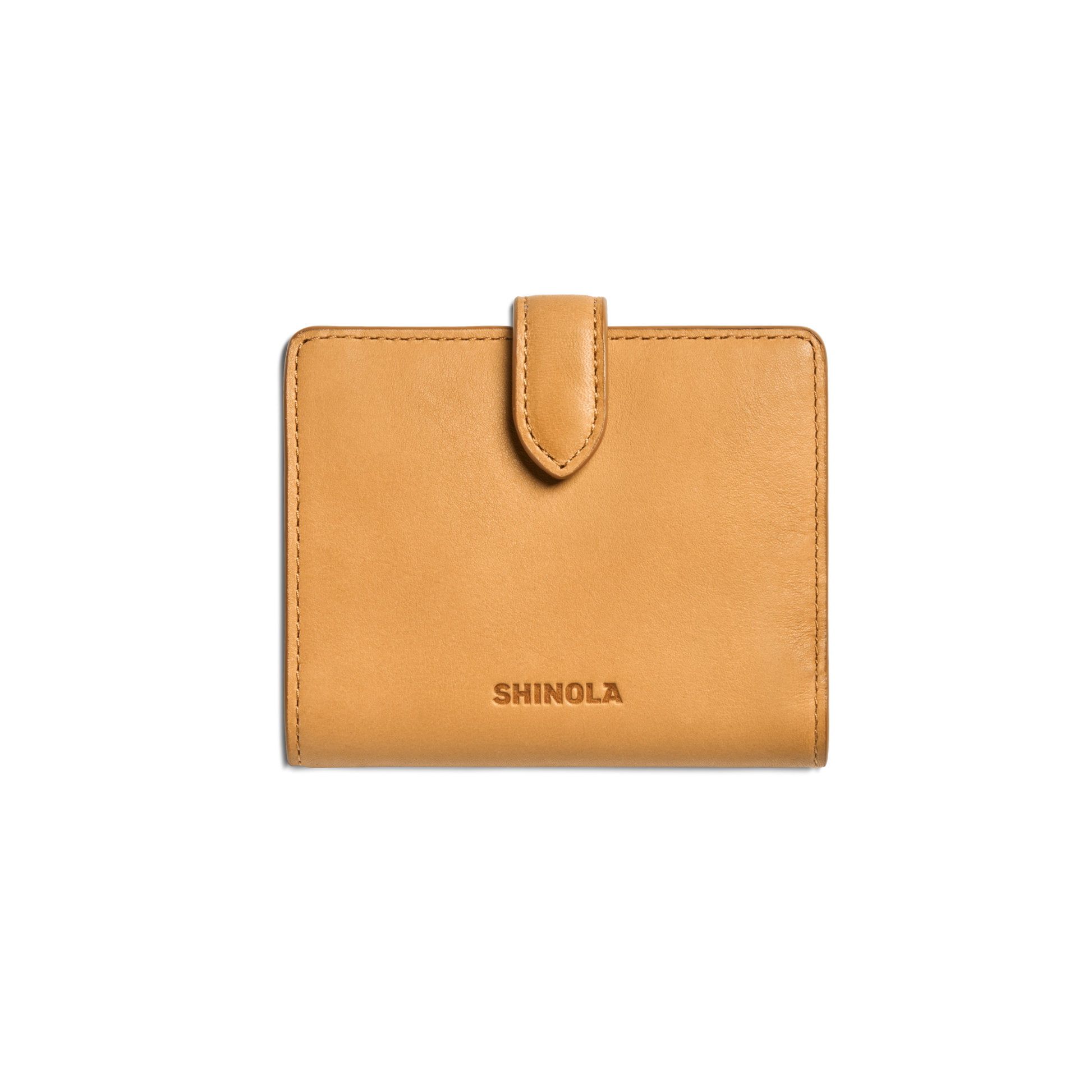 The Shinola Small Snap Wallet in Honey features a snap closure tab at the top, natural leather construction, and the Shinola name embossed on the front, displayed against a plain white background.