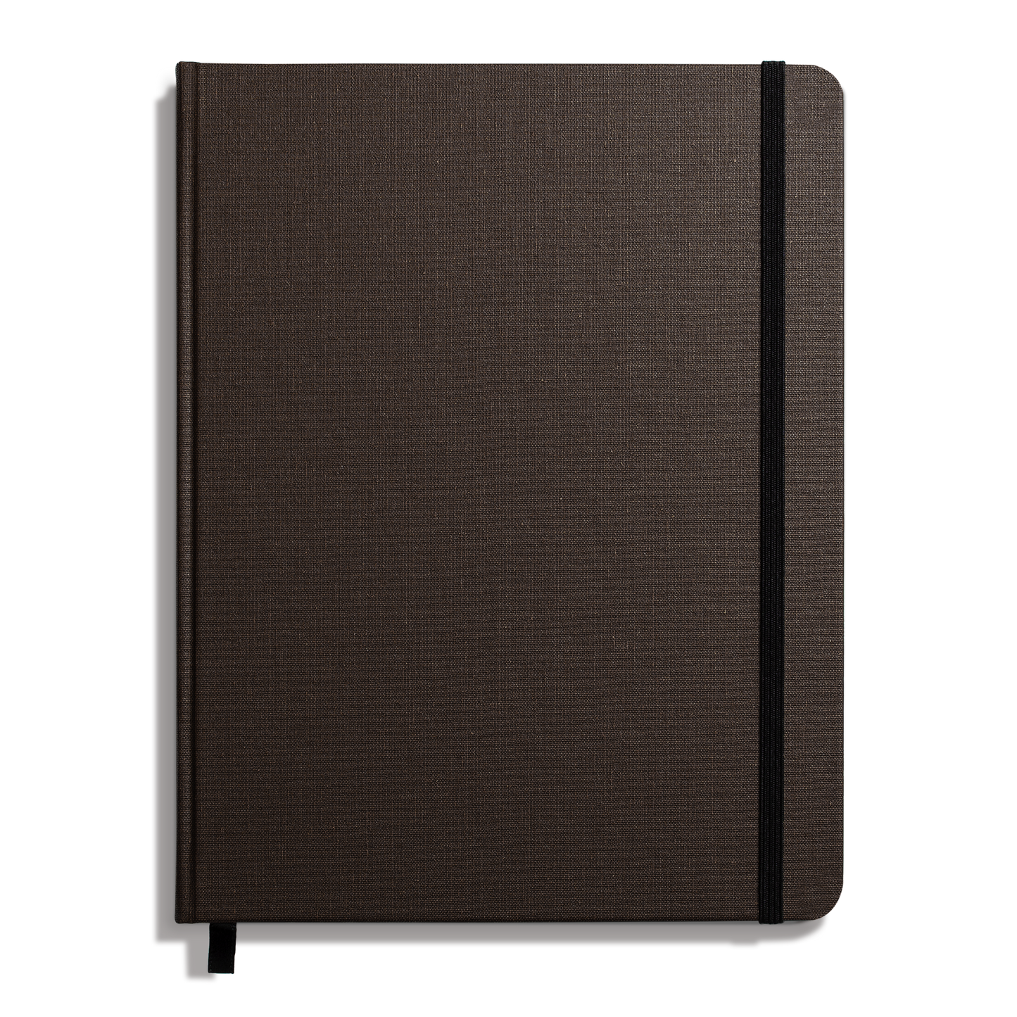 The Shinola Large Hard Ruled Journal in Espresso features a durable closed linen cover, black elastic band on the right edge, and a black ribbon bookmark, offering classic style and lasting quality.