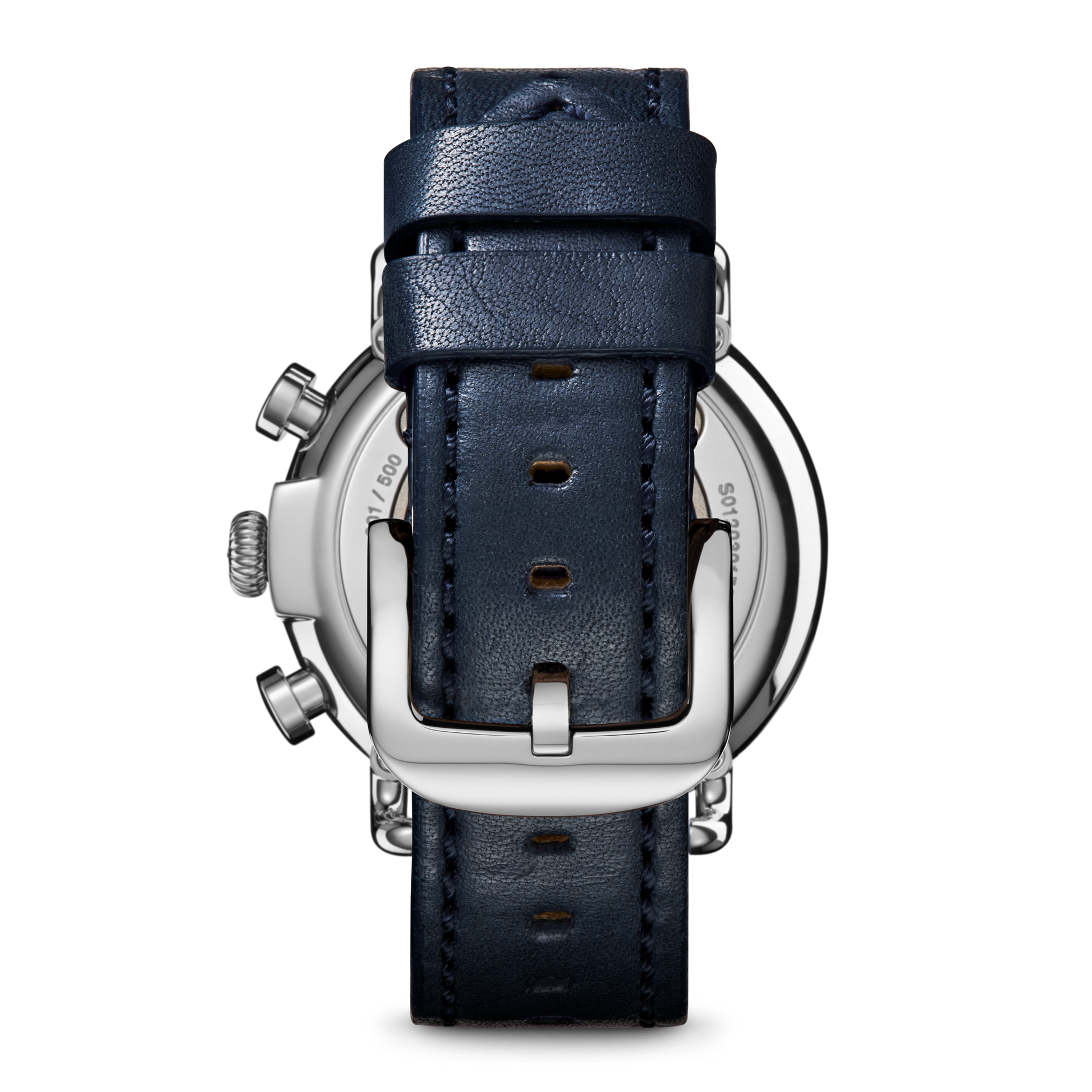 A close-up of the back of the Shinola J Dilla Runwell Chronograph Watch - Midnight Blue features a stainless steel case, watch crown, and a dark blue leather strap with silver buckle, set against a plain white background.