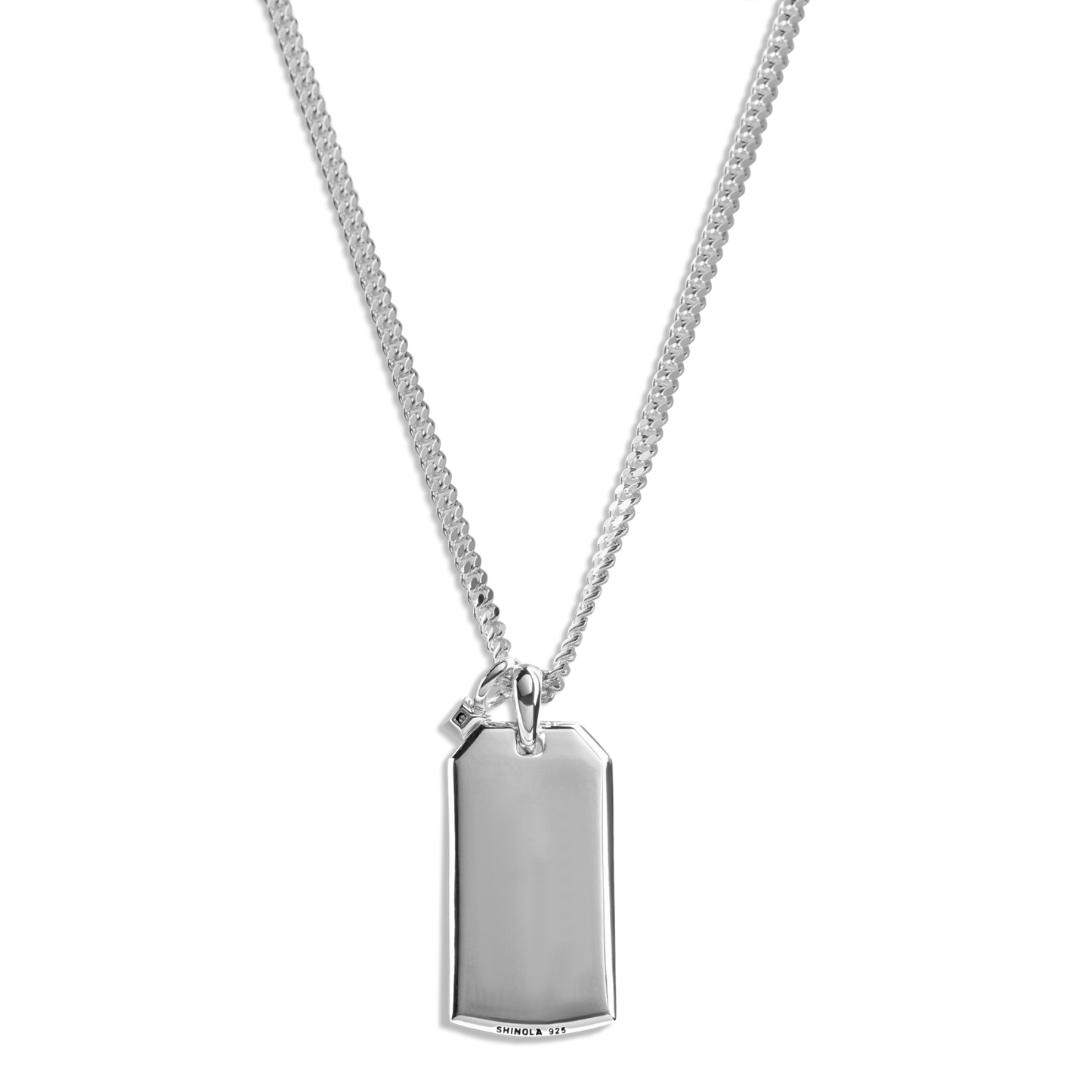 The Ribbed Tag Necklace by Shinola is a sterling silver piece featuring a rectangular, ribbed dog tag pendant, shown against a plain white background.
