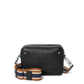 The Shinola Camera Crossbody Bag - Black features black leather, a silver zipper and hardware, an adjustable woven strap with brown, white, and navy stripes, and an embossed logo—perfect for stylish everyday use.
