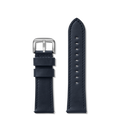 The Shinola 24mm Navy Leather Watch Strap features premium navy leather, quick release spring bars, silver buckle, adjustment holes, and visible edge stitching. Shown in two parts for easy attachment and fit.