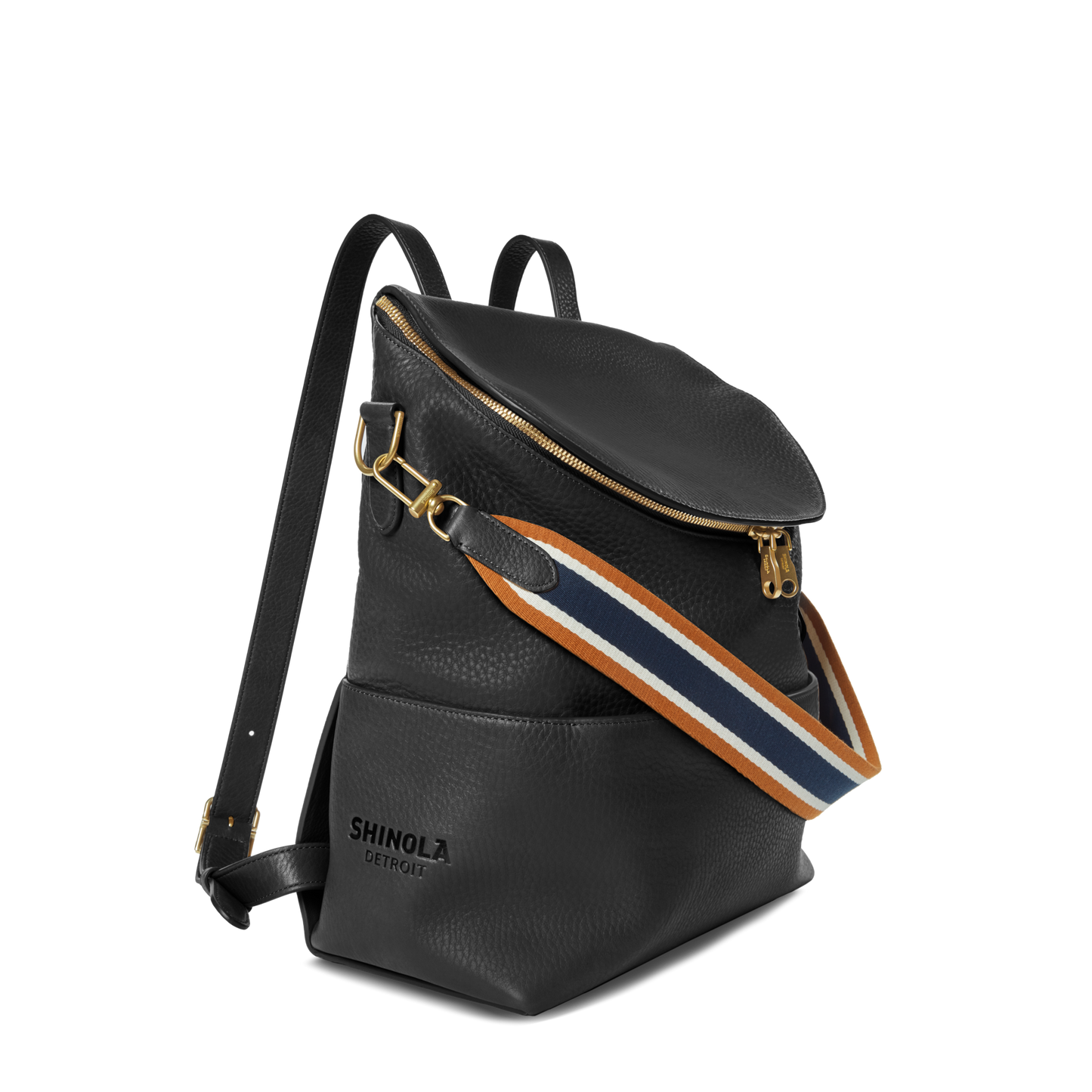 black backpack with brown leather straps Convertible Pocket Backpack