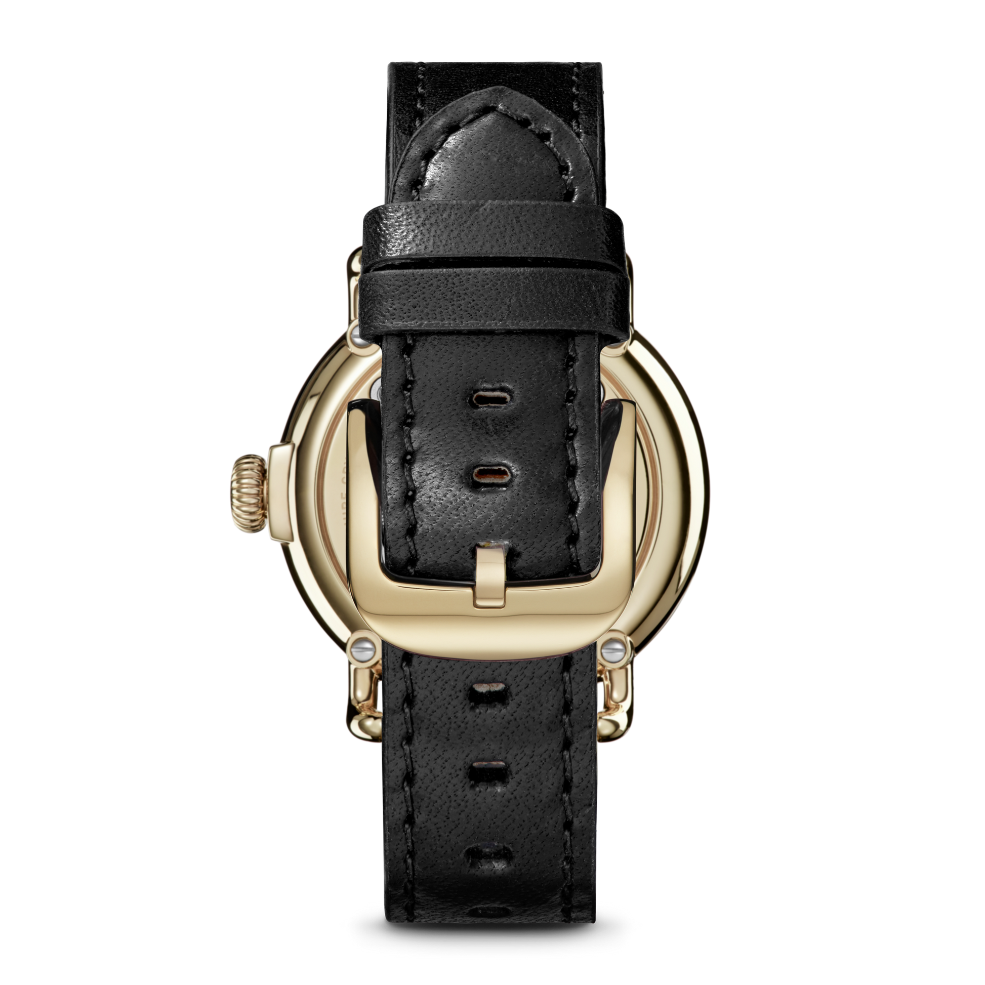 The Shinola Runwell Watch - MOP Dominos is shown from the back, with a gold stainless steel case, black stitched leather strap, gold buckle, and the crown on the left side.