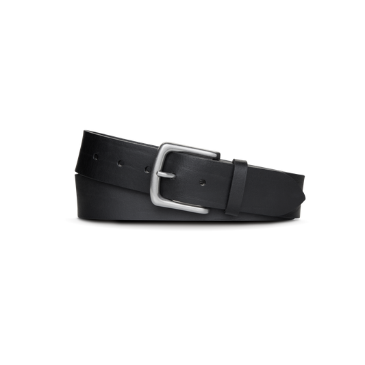The Shinola 1 1/2" Essential Belt in black natural leather showcases a silver rectangular buckle, coiled neatly on a plain white background.