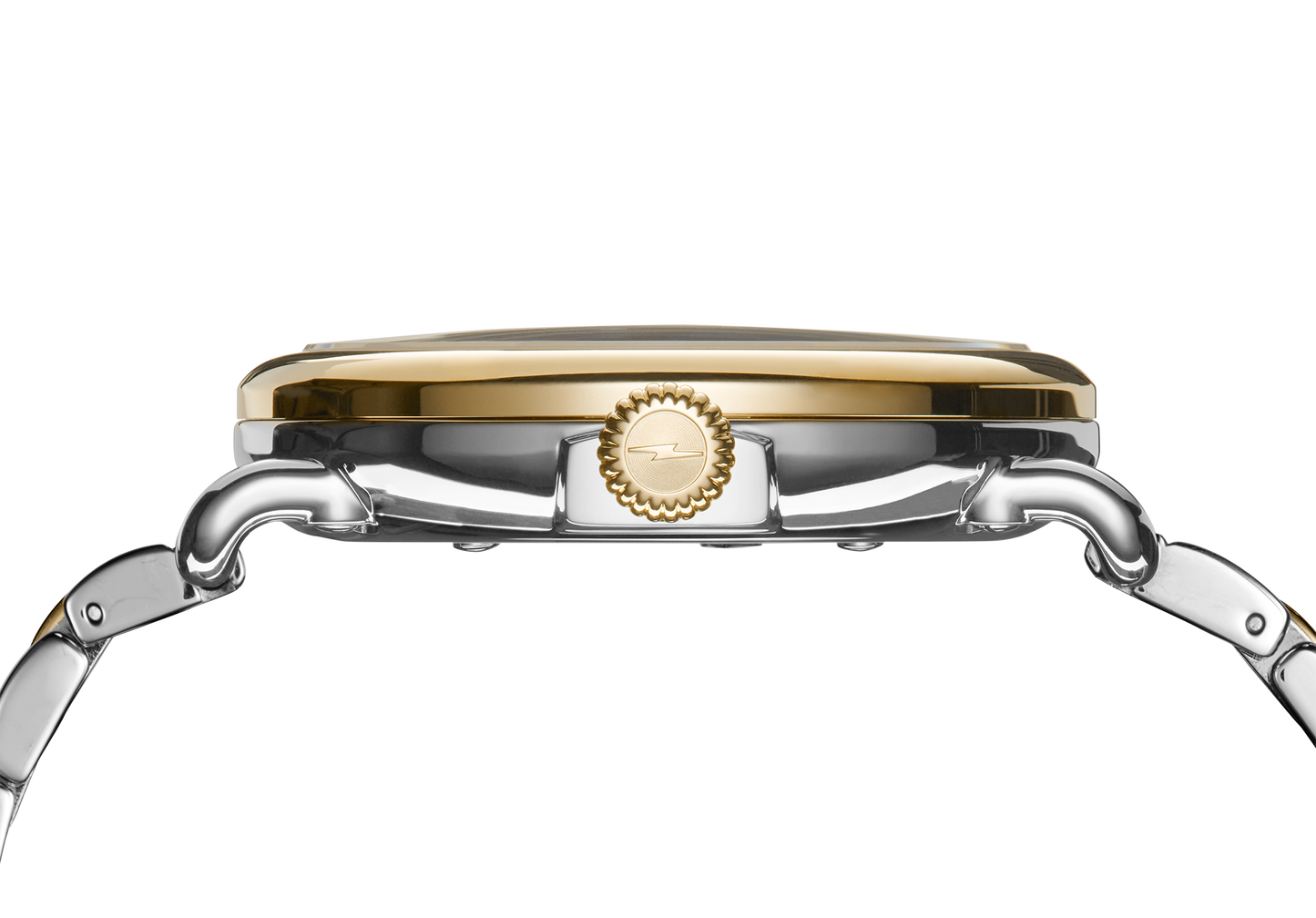 Side view of the Shinola Runwell Watch - Mother Of Pearl, showing a gold and silver case with a textured crown on a two-tone stainless steel bracelet. The watch face is not visible.
