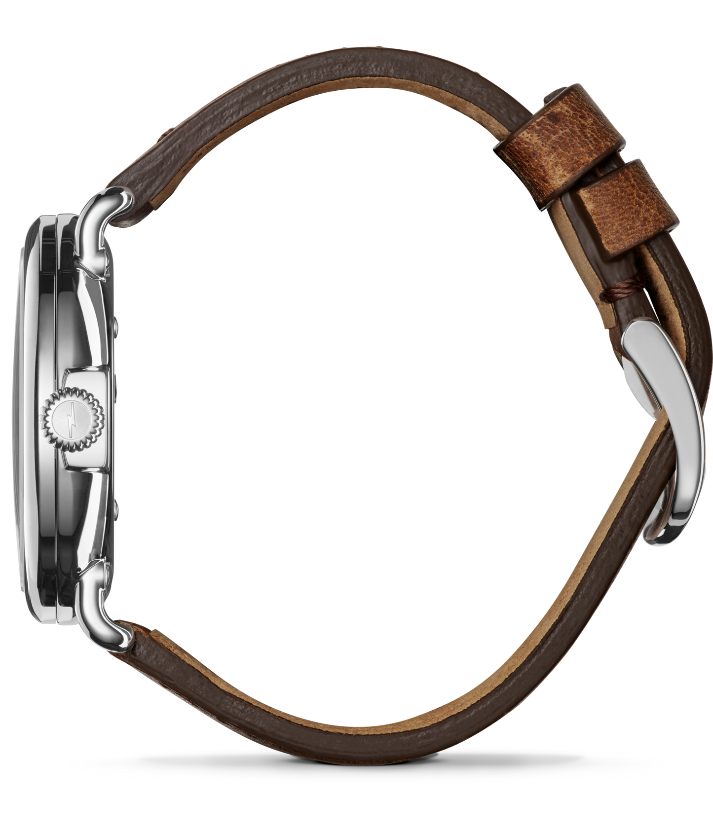 A side view of the Shinola Runwell Date Watch - Blue displays its silver case, blue dial, crown, and buckle. The brown leather strap has visible stitching and a loop to secure the end.
