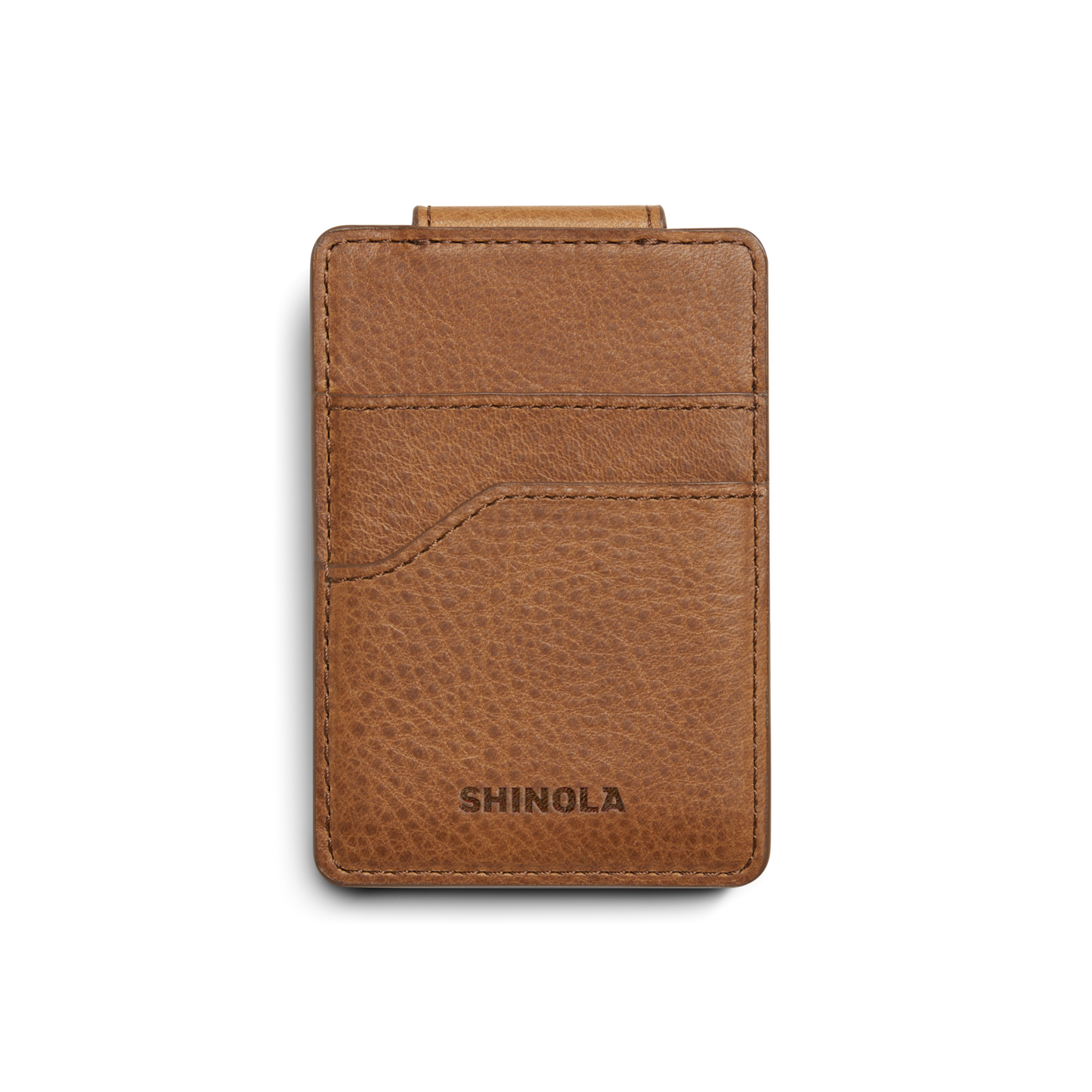 The Magnetic Money Clip Card Holder - Tan by Shinola features two credit card slots, a textured leather finish, and an embossed brand name. Shown on white background; monogramming available for personalization.