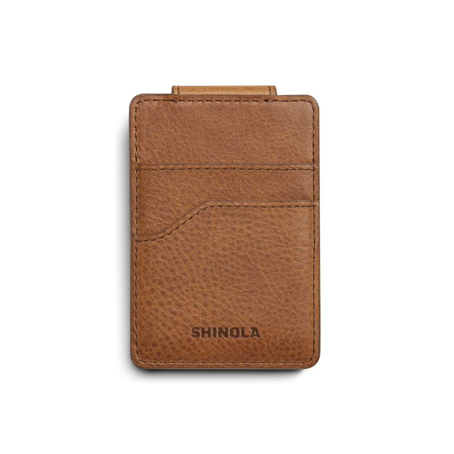The Magnetic Money Clip Card Holder - Tan by Shinola features two credit card slots, a textured leather finish, and an embossed brand name. Shown on white background; monogramming available for personalization.