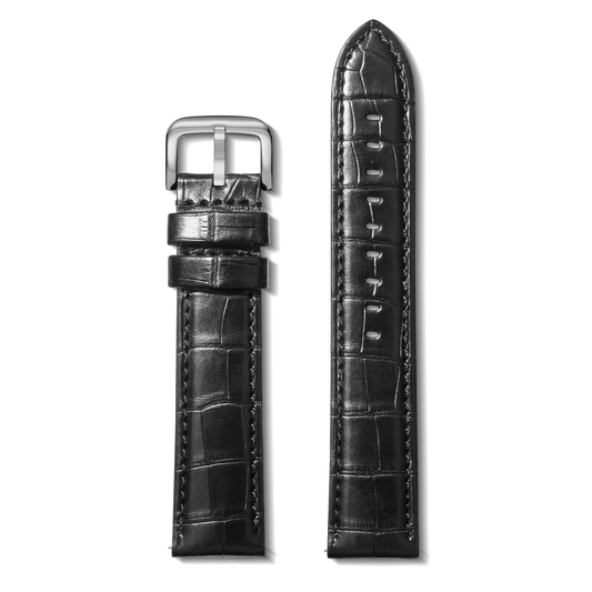 24mm Black Alligator Leather Watch Strap (Long) - Black